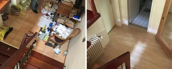 Vergleich eines unordentlichen Flurs vor und nach einer professionellen Entrümpelung.