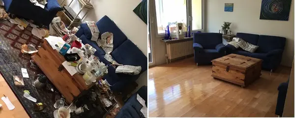 Vorher-nachher Bild eines Wohnzimmers, links unordentlich, rechts sauber und aufgeräumt.