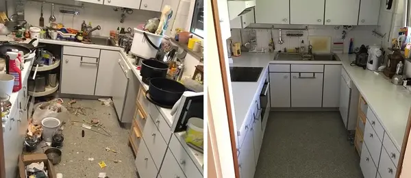 Vorher-nachher Vergleich einer unordentlichen und einer sauberen, aufgeräumten Küche.
